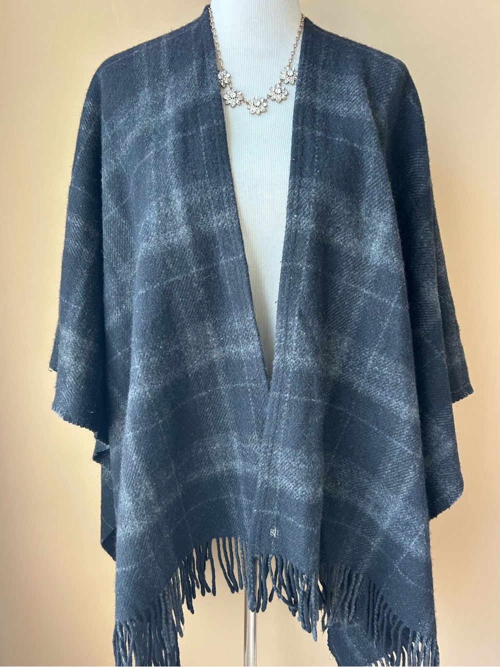 Ralph Lauren Plaid Fringe Trim Ruana Wrap Shawl Open Cape Cardigan Wool